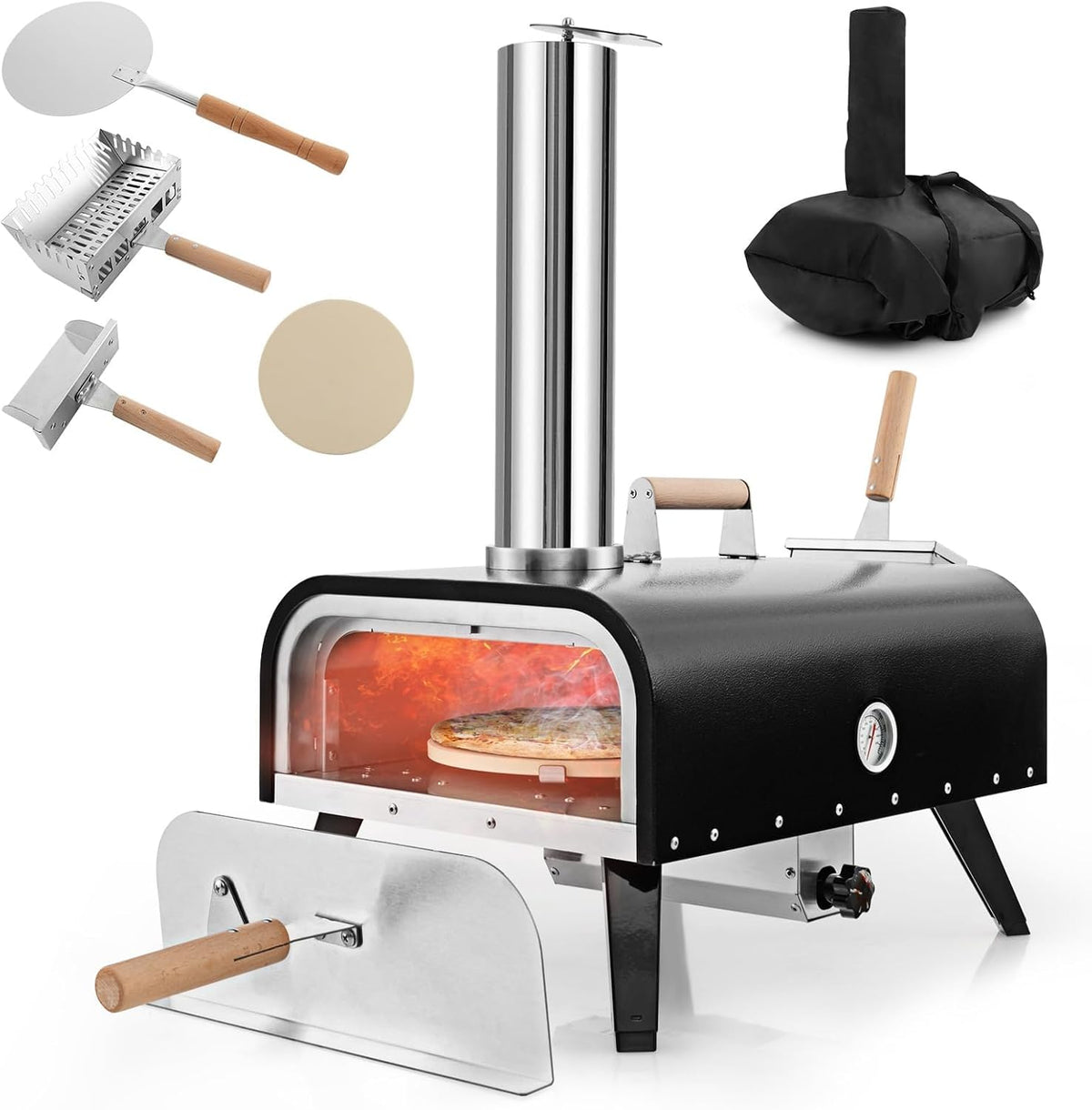 GYMAX four à pizza, 75 x 42 x 70 cm (L x l x H), Noir + Argent, Extérieur à Bois ou Pellets, Température Max 350℃~400℃