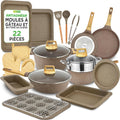 NutriChef batterie de cuisine, Marron, 22 Pièces Marbre, Casseroles et Poêles Antiadhésives, Compatible Induction