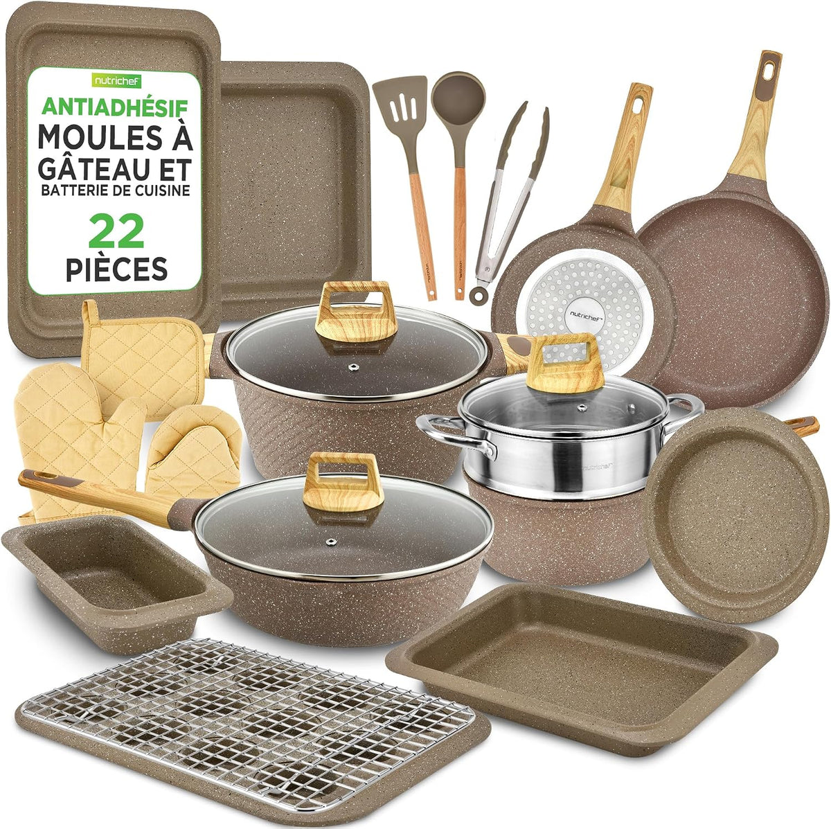 NutriChef batterie de cuisine, Marron, 22 Pièces Marbre, Casseroles et Poêles Antiadhésives, Compatible Induction