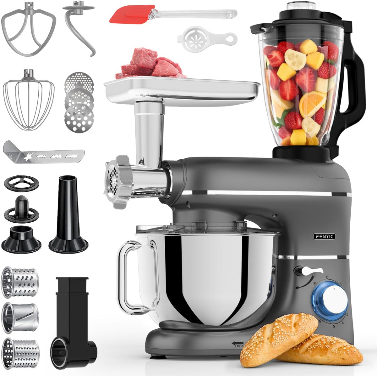 Fentic robot pâtissier, 2000 W, 1,5 L, 6,2 L, Noir, - Av. Hachoir à Viande, Accessoires, Robot Cuisine Multifonctions Av. Bol Mélangeur