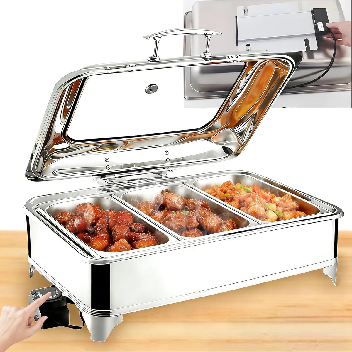 VFDZ Chauffe-plats, 9 L, Argenté/Transparent, Chafing Dish Buffet Electrique, Température Réglable(1/3 Pan)