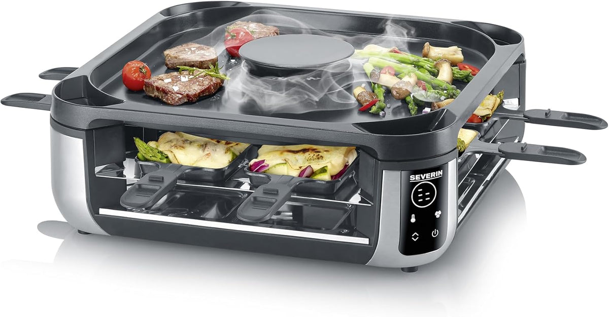 Severin Raclettes, 900 W, Noir/Argenté, Appareil à raclette 8 personnes avec réduction de fumée et d'odeur