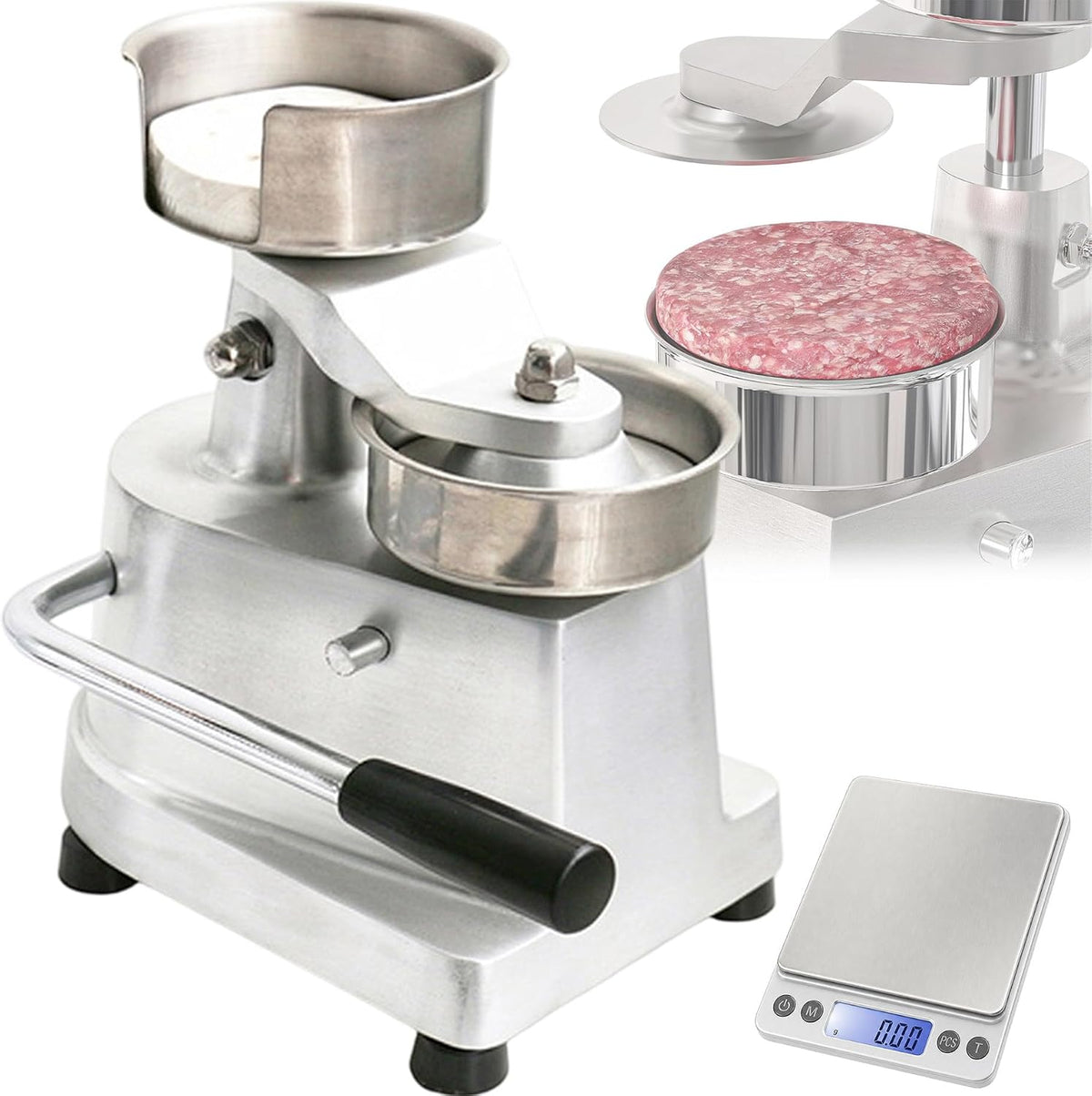 XygZythror Presses à pâte, Plateau en acier inoxydable + corps robuste en alliage d'aluminium, Argenté, Machine à Hamburger Professionnelle