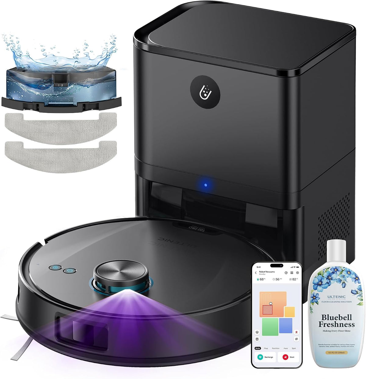 Ultenic robot aspirateur, Noir, T20 Pro+ Lavage Auto-vidage, 10000Pa Puissant Poils d'animaux, Navigation LiDAR AI