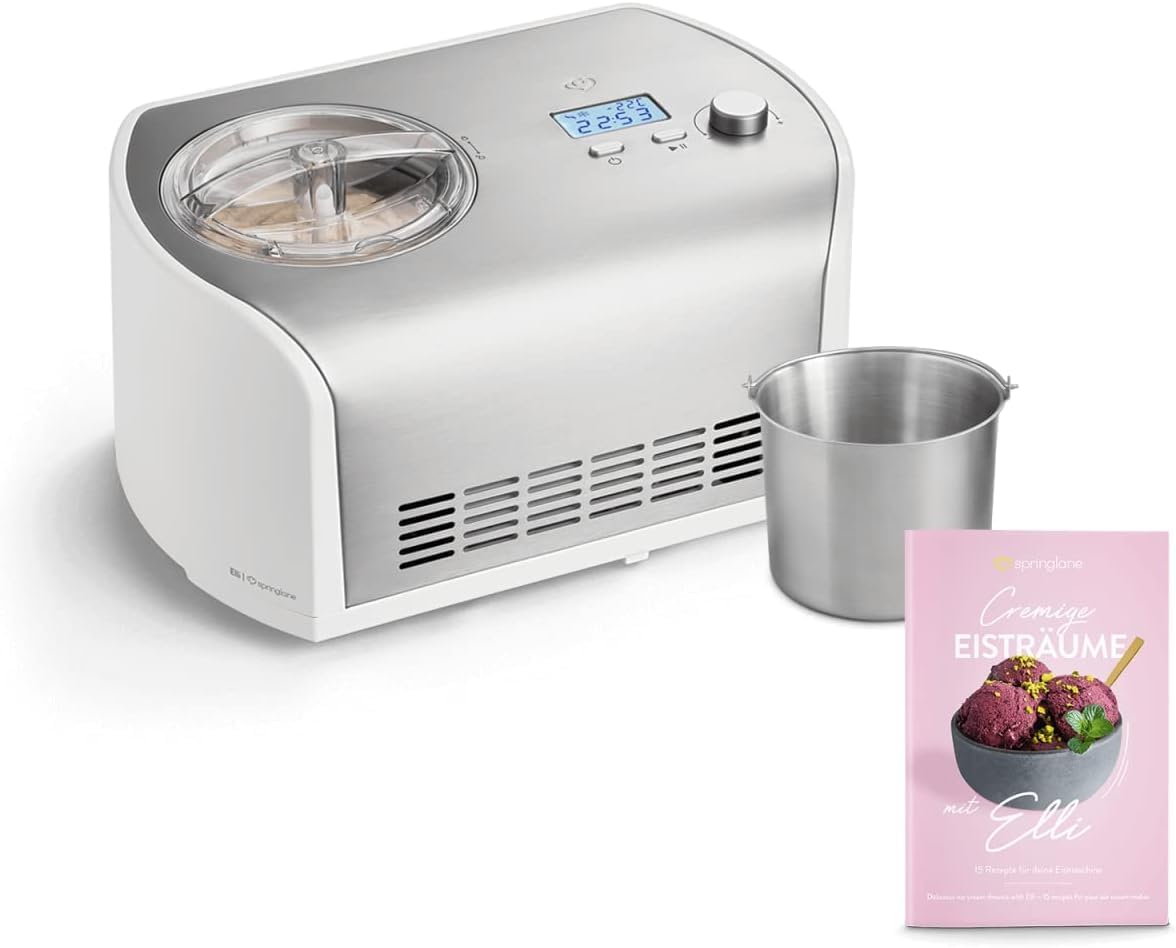 Springlane Kitchen sorbetière, 39 x 26 x 21,5 cm, 1,2 L, 135 W, Argenté, SPRINGLANE Elli avec compresseur auto-refroidissant
