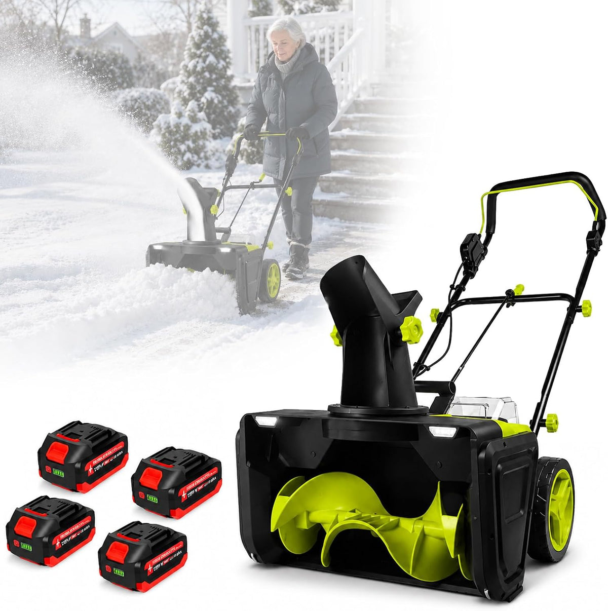 AETEREOS fraise à neige, 50 cm, 7,6 M, Noir, Souffleuse à Neige à Batterie 4-Battery, Électrique, Goulotte Réglable à 180° et Éclairage Led