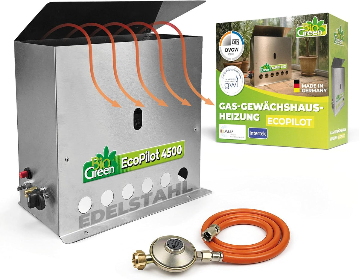 Bio Green Pièces et accessoires de chauffages extérieurs, 4500 W, 38 x 17 x 40 cm, 22 m, Vert/Argenté, EcoPilot Chauffage à serre à gaz
