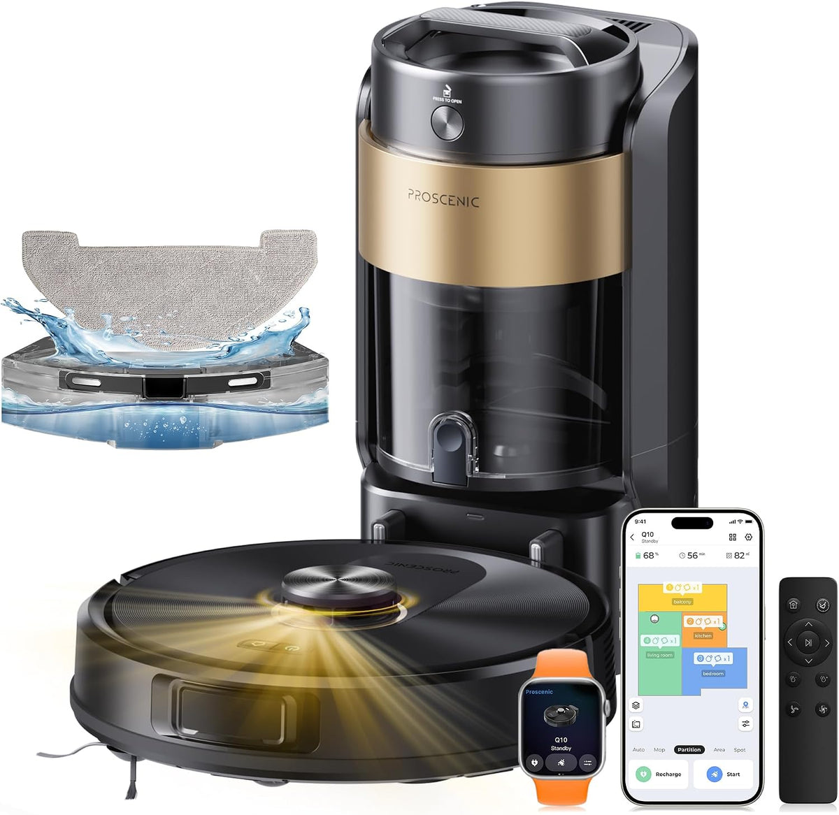 Proscenic robot aspirateur, Noir, 10000Pa Laveur avec Station sans Sac Vidage Automatique, 200Min Aspirateur Robot et Serpillière