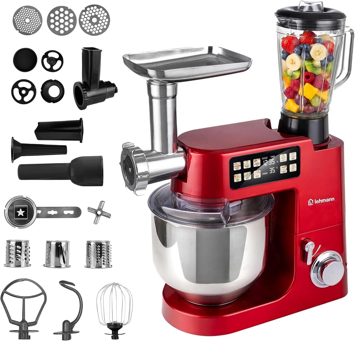 LEHMANN robot pâtissier, 2100 W, 8 L, 1,5 L, Rouge, Teyles Professionnel Multifonction avec Balance Intégrée et Bol Chauffant