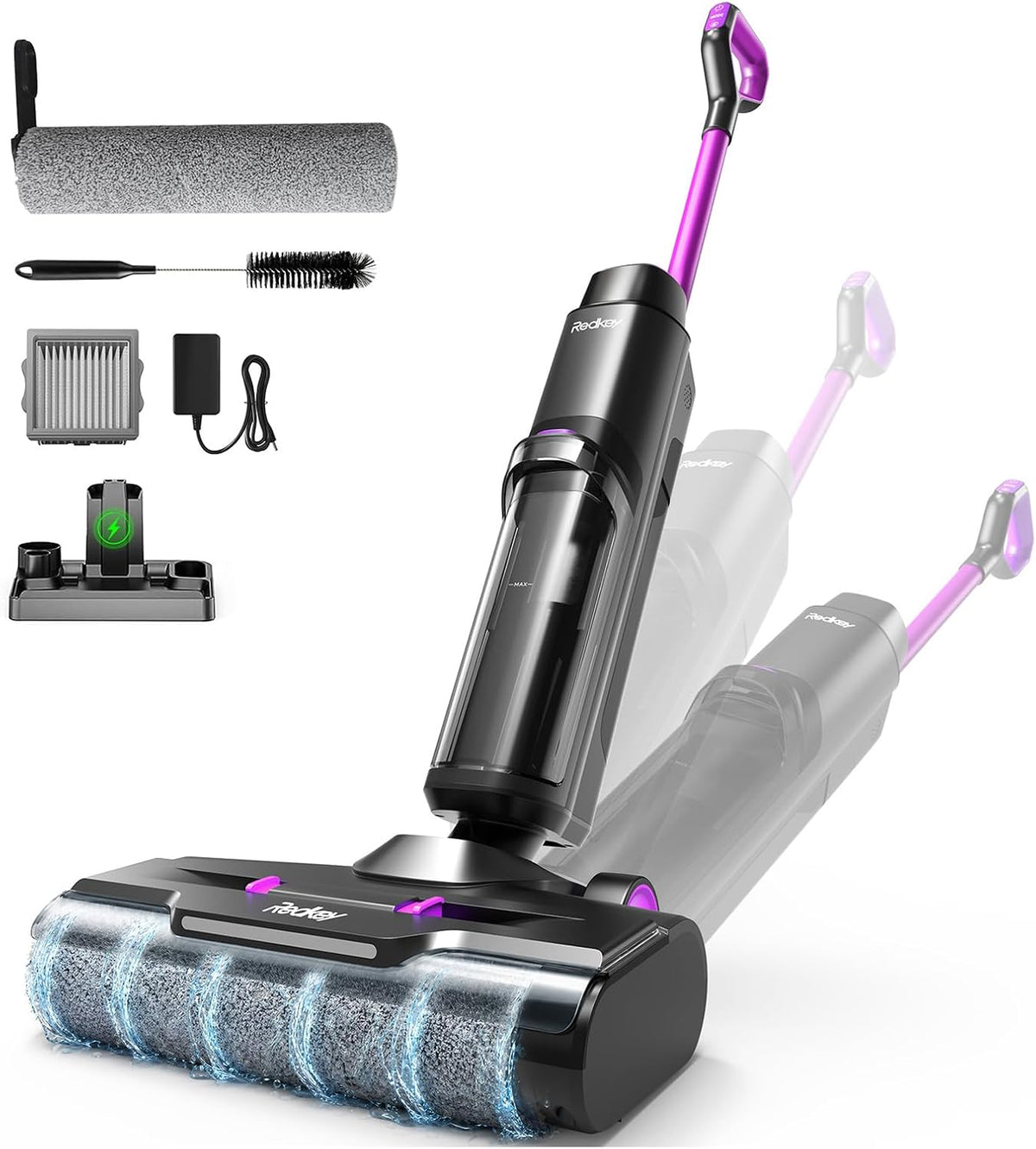 Redkey aspirateur balai sans fil, 5 mm, Noir, W15 Aspirateur Balai Laveur sans Fil, Balai aspirateur Laveur 3 en 1