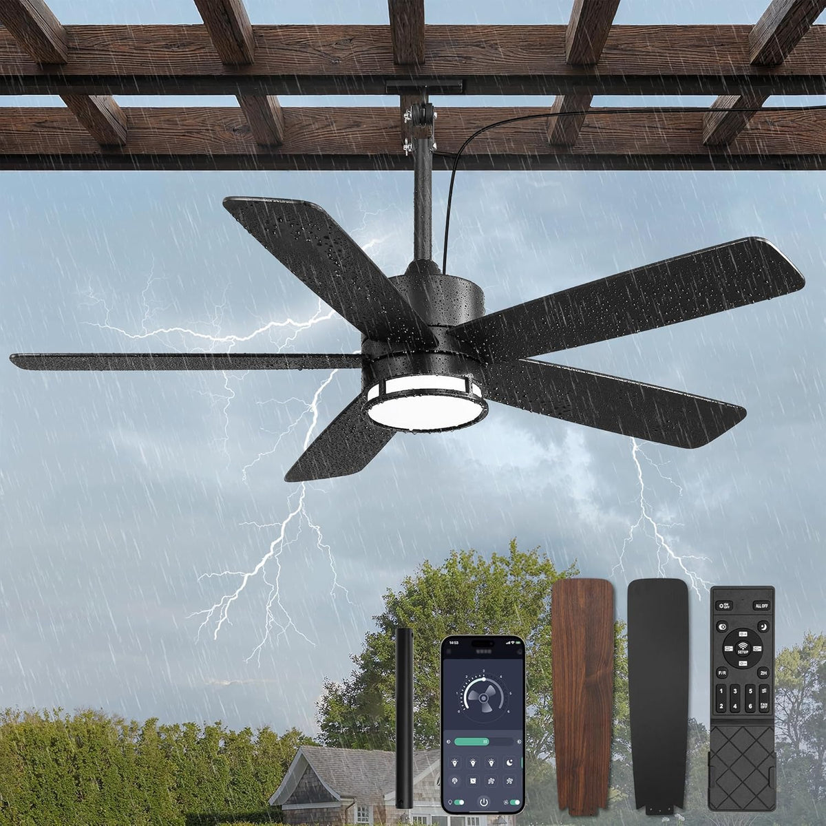 HUYOY Ventilateurs de plafond, Noir, /Effet Bois pour Chambre, 6 Vitesses