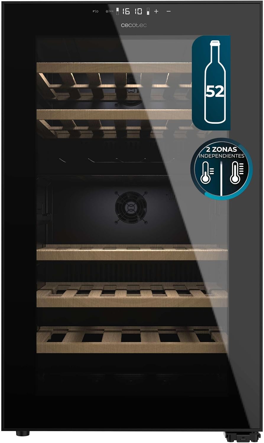 Cecotec Caves à vin intégrées, Noir, Écran LED Intérieur, Fonctionnement Silencieux, 5 Étagères en Bois