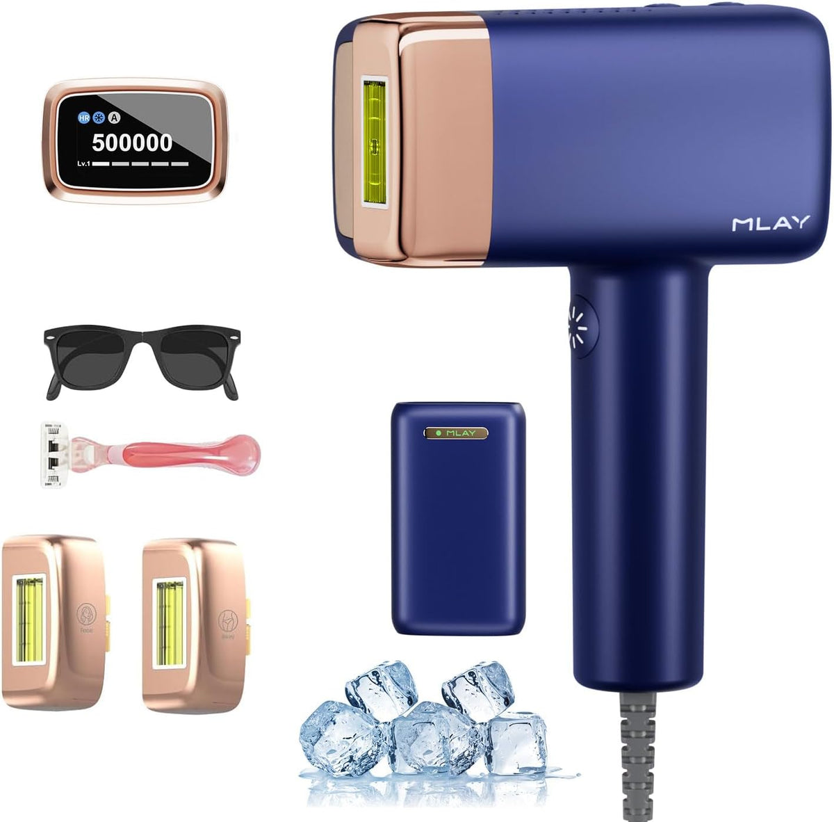 MLAY épilateur à lumière pulsée, Noir, avec Refroidissement, 5 sec/flash, Épilateur IPL avec 3 Têtes pour le Bikini