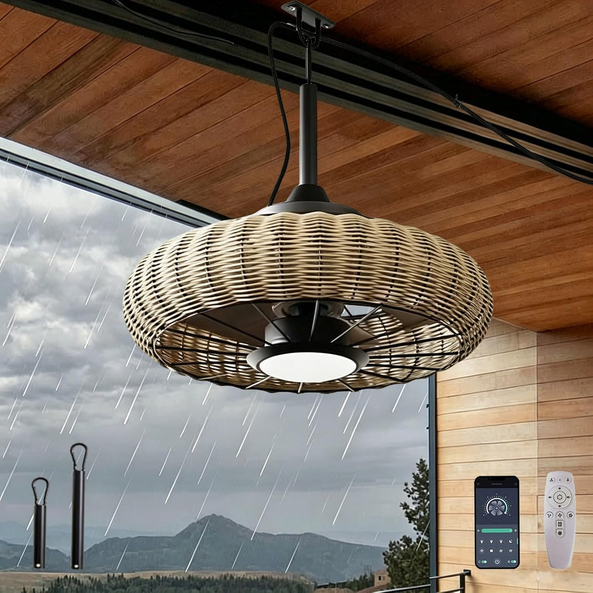 TRUYOK Ventilateurs de plafond avec lampe intégrée, Blanc, Ventilateur de plafond pour extérieur avec lumière et télécommande