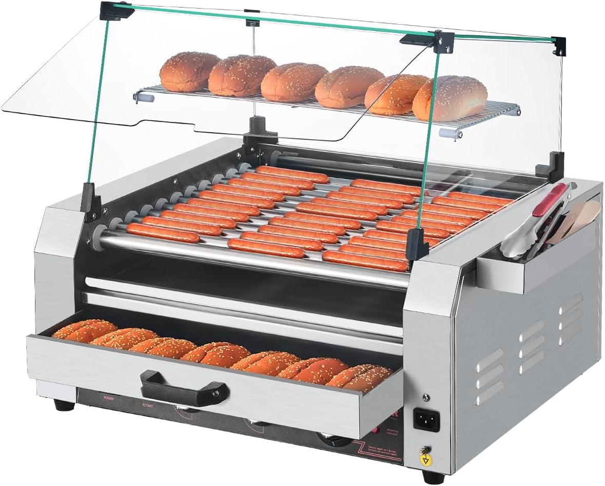 VEVOR Appareils à hot dog, Argenté, Rouleau à hot-dogs, 11 rouleaux, 30 hot-dogs, machine à griller les saucisses en acier inox