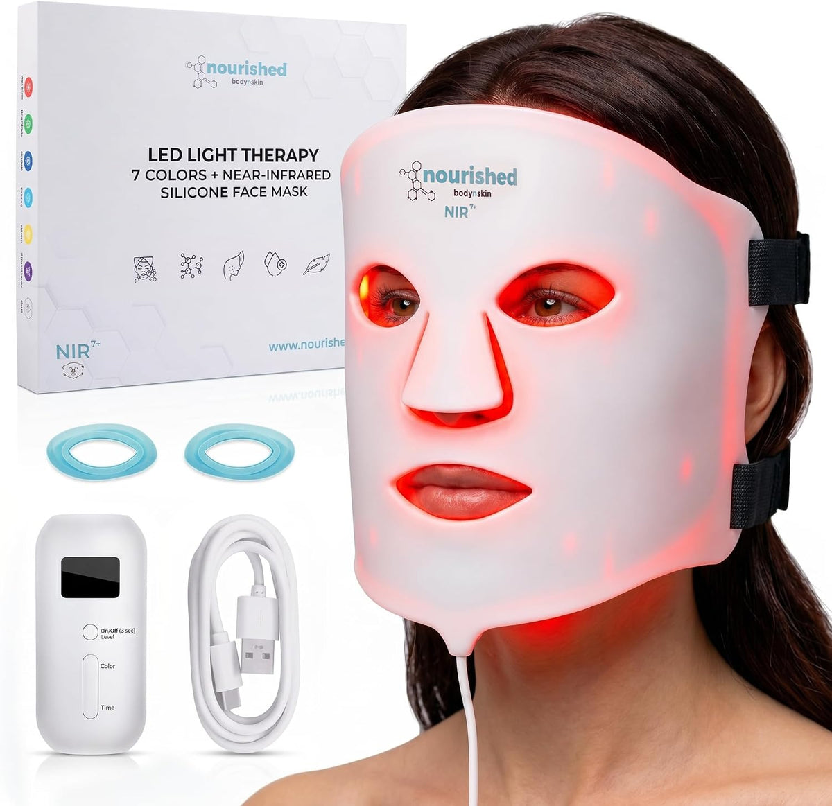 Nourished Bodynskin Masques, Bleu/Rouge, Masque facial LED 7 couleurs avec infrarouge proche - Luminothérapie bleue