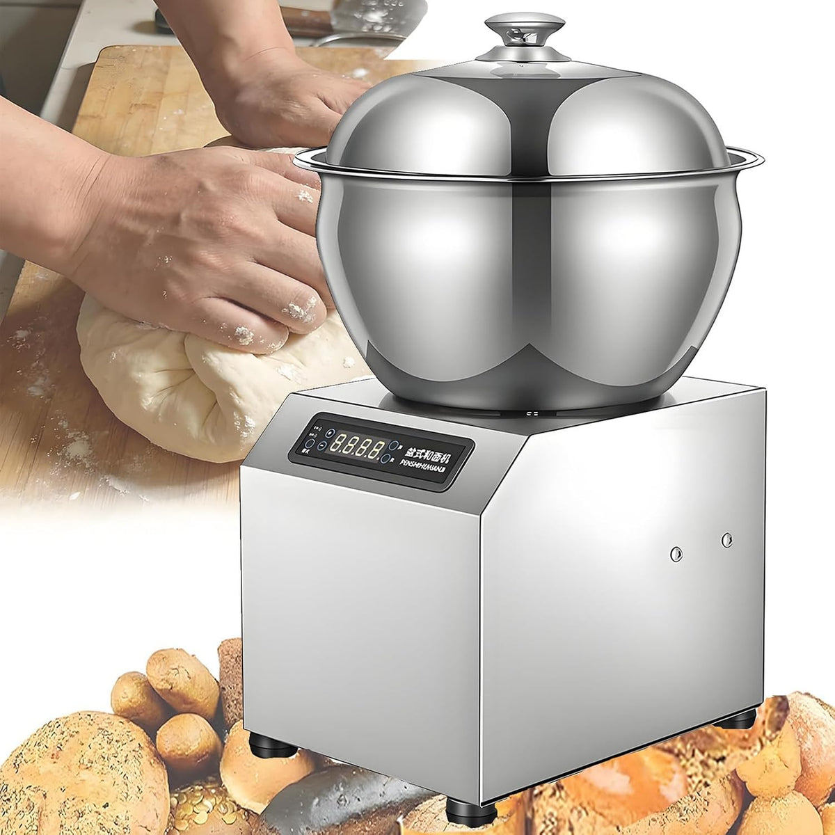 HuanEssentric Machines à pâtes, 2200 W, 2200 W, 5 kg, 8 Kg, Argent, Pétrin électrique Professionnel en Acier Inoxydable