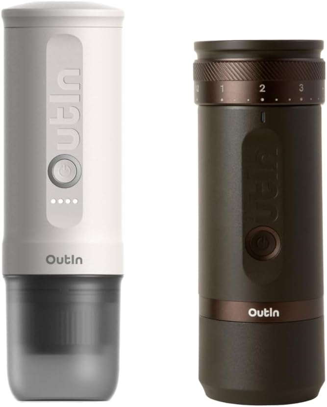 OutIn machine à café, Noir/Argenté, Nano Portable et Fino Moulin Électrique