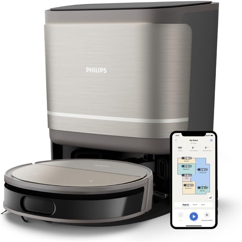 PHILIPS robot aspirateur, Noir, Laveur connecté 9000, Nettoyage Automatique 5-en-1, Station tout-en-un, nettoyage à l'eau douce