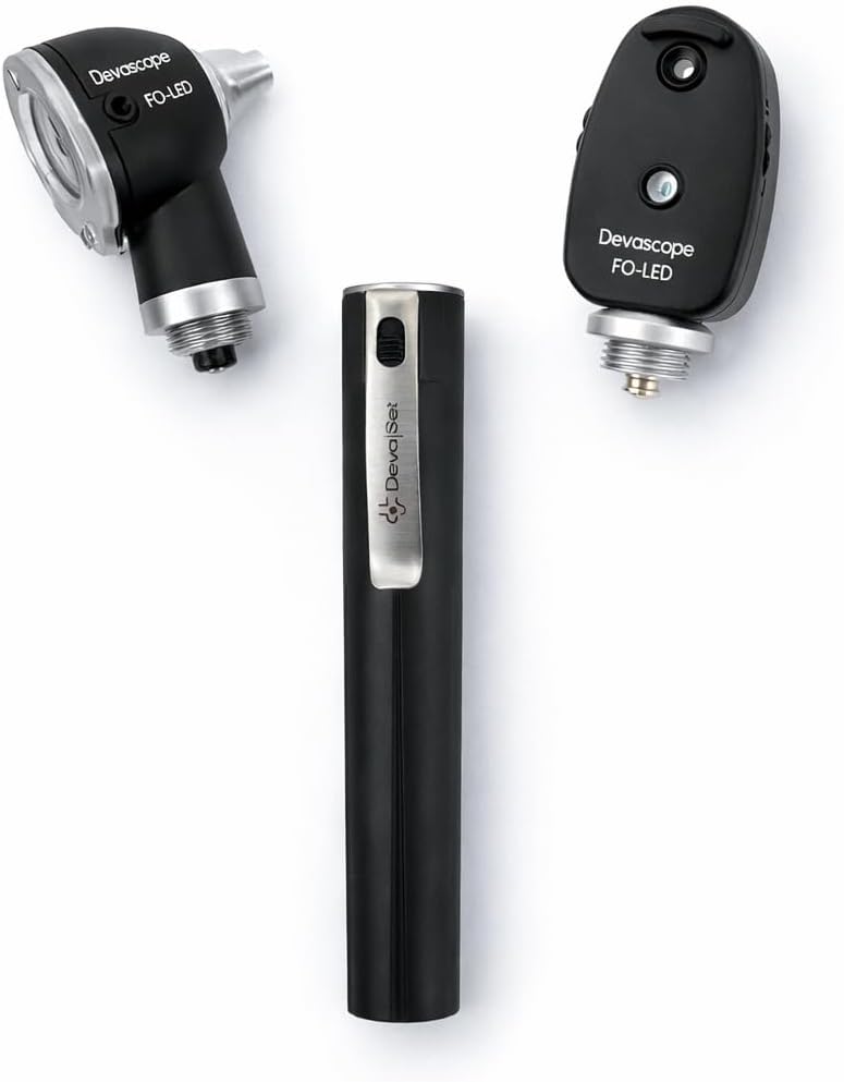 DEVASET Ophtalmoscopes, Noir, Oto - Ophtalmoscope LED DEVASCOPE Professionnel, Fibre Optique, 7000 Lux, Têtes Interchangeables