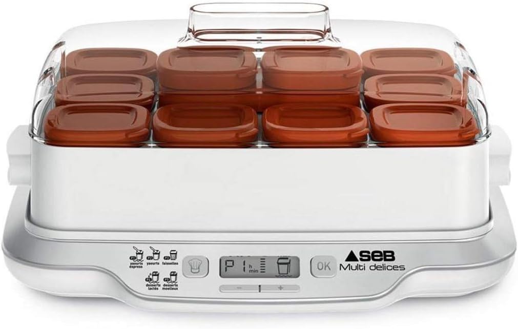SEB Yaourtières, Blanc/Marron, Yaourtière Multidélices Express 12 Pots YG661A00 Blanc et Marron