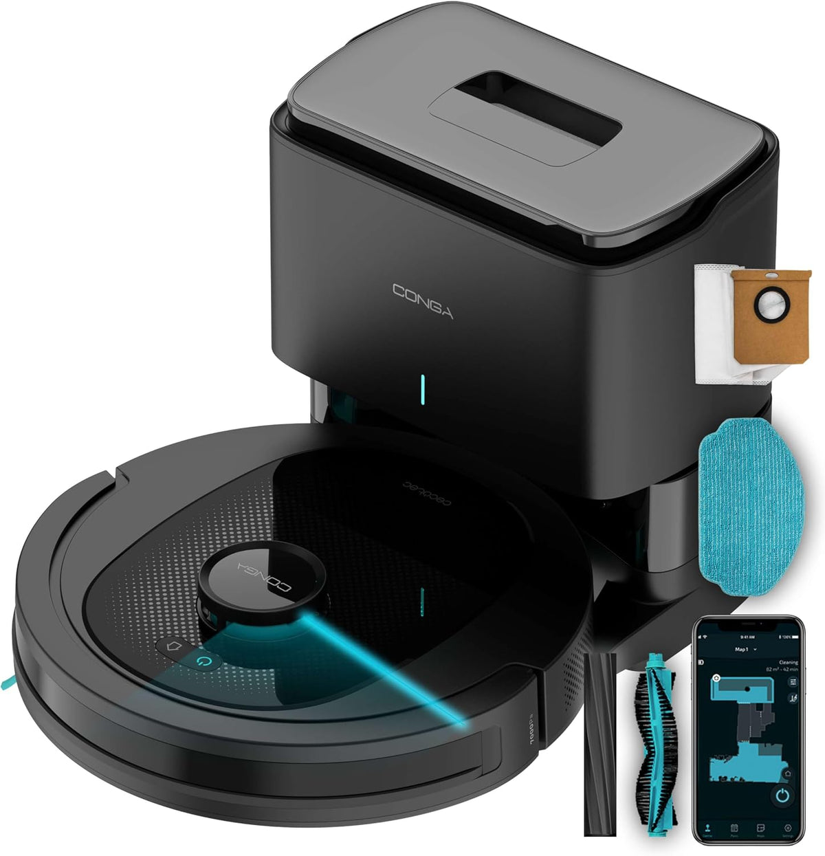Cecotec robot aspirateur, Noir, Nettoyage 4en1 (Aspiration, Balayage, Nettoyage, serpillière), 170 Min d'autonomie