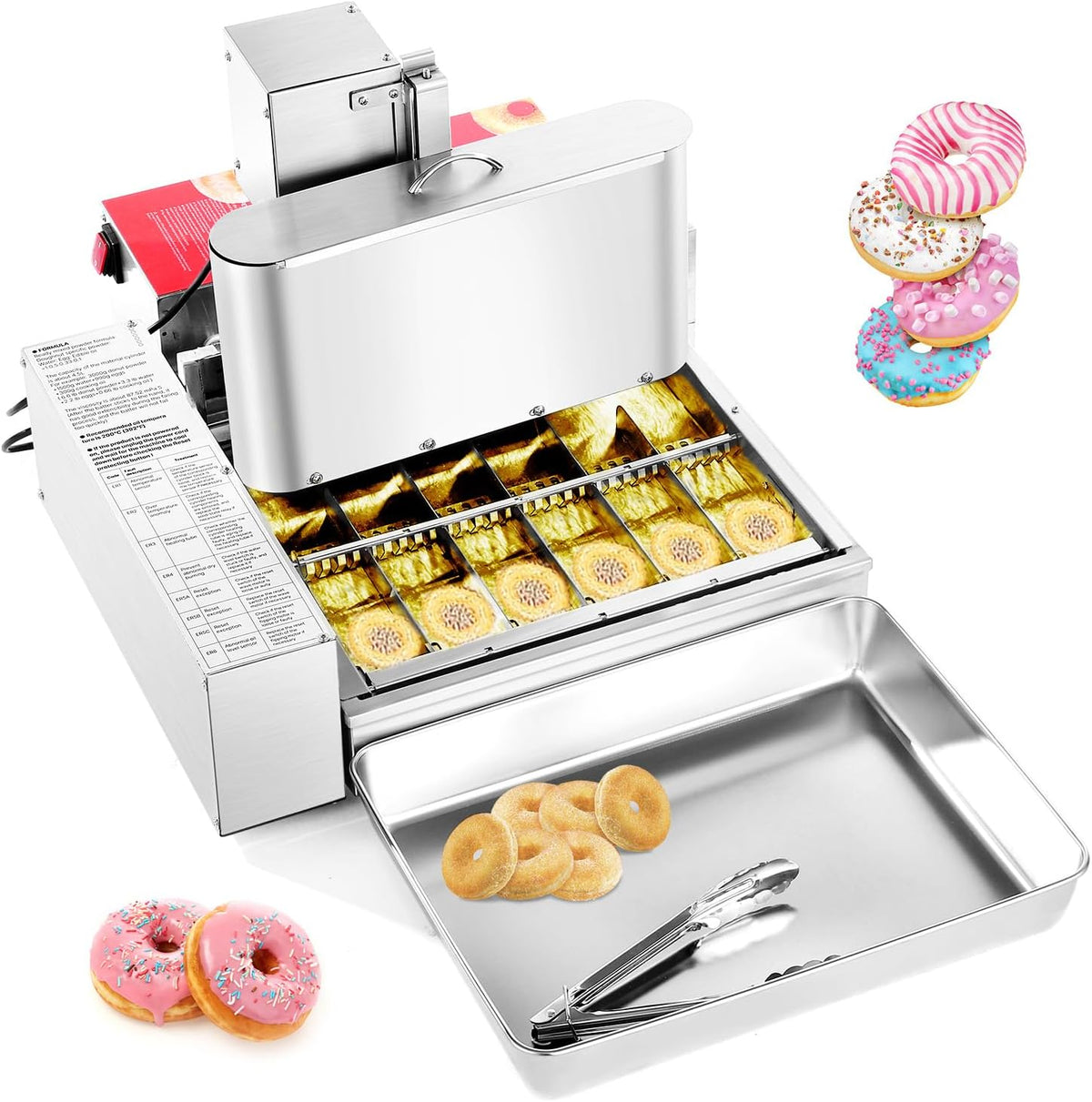 VEVOR Machines à donuts, États-Unis : 1750 W, UE : 2000 W, États-Unis : 120 V CA, 60 Hz ; Europe : 220-240 V CA, 50 Hz, Acier inoxydable 304, Argenté