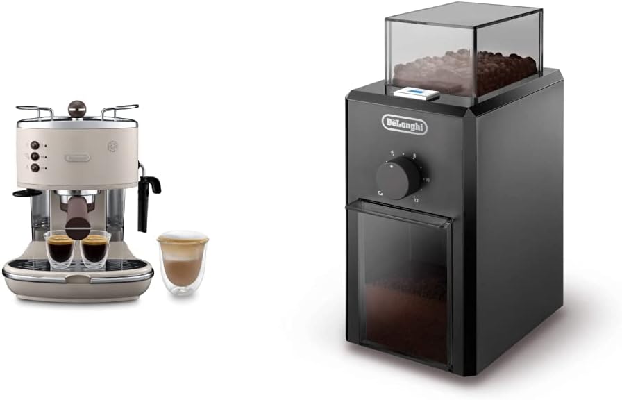 DELONGHI broyeur, 120 g, 110 W, Noir, Vintage Icona Traditionnelle Barista Pompe Espresso Machine, Crème & KG79 Moulin à Café Electrique